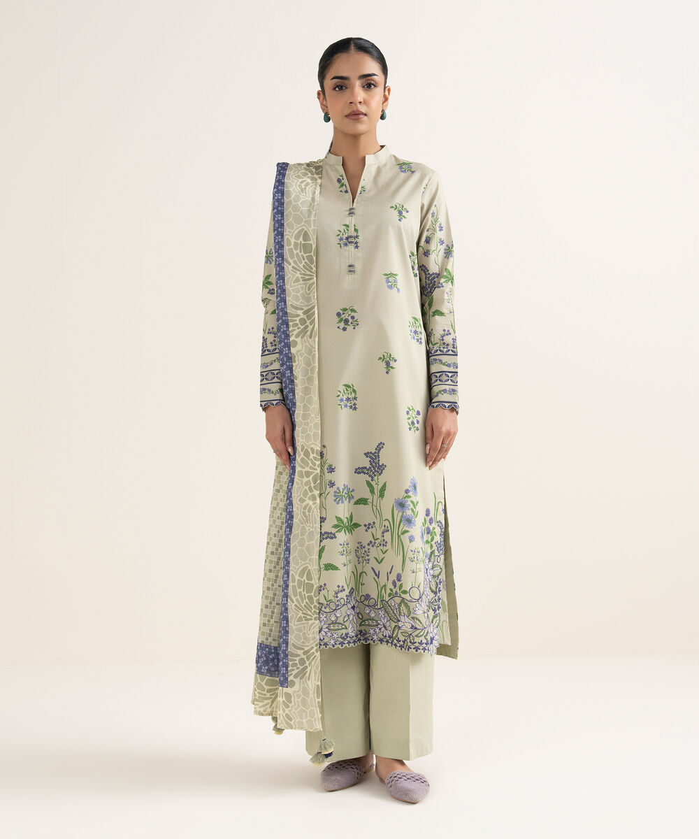 Women's Unstitched Lawn Printed Beige 3 Piece Suit