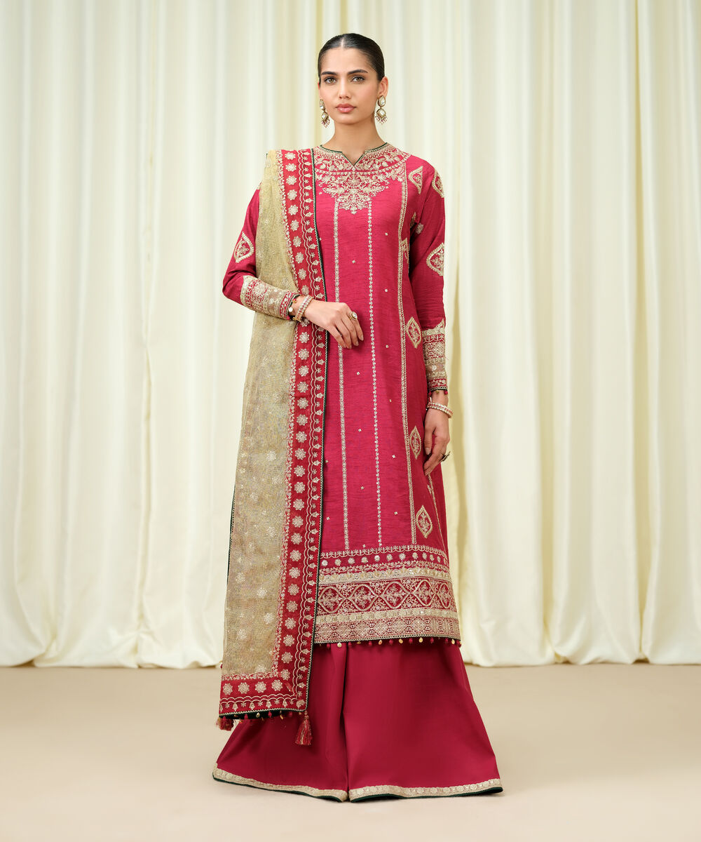 Women's Unstitched Raw Silk Embroidered Pink 3 Piece Suit