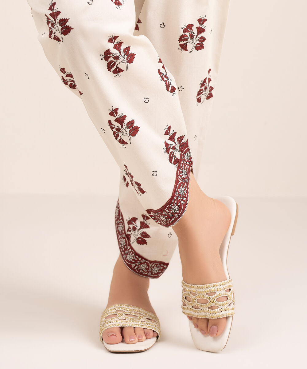 Women's RTW Cambric Printed Off White Skinny Shalwar