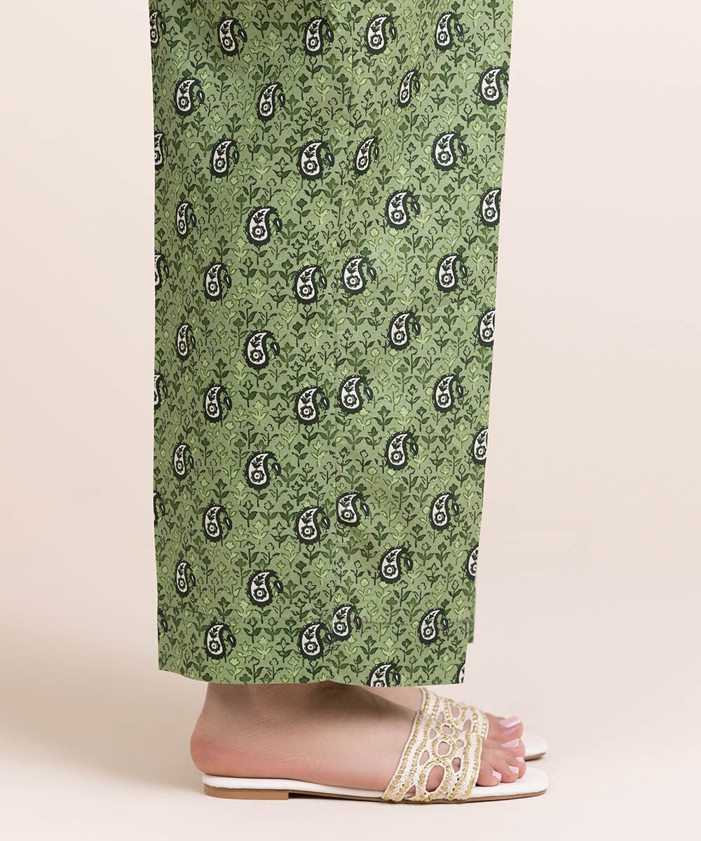 Woman - Green Printed Cambric Straight Pants