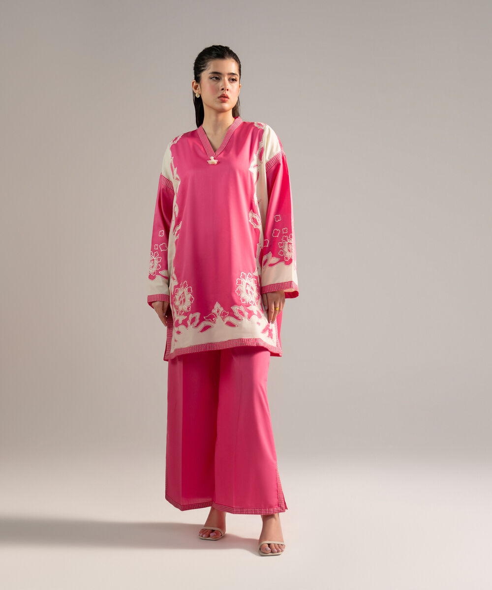 Women's RTW Cotton Satin Embroidered Pink 2 Piece Suit
