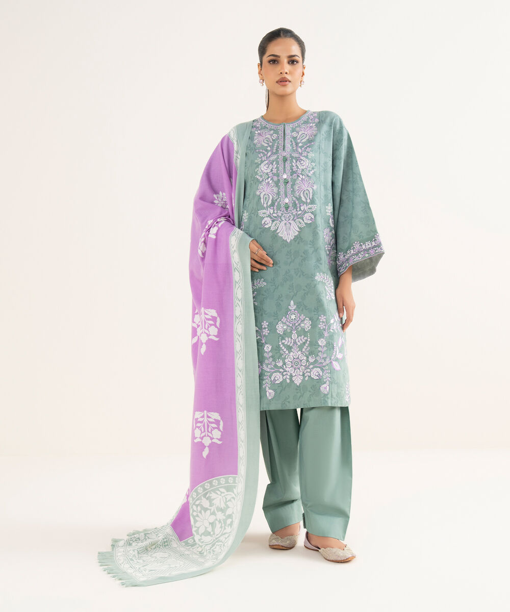 Women's Unstitched Cotton Jacquard Embroidered Green 3 Piece Suit