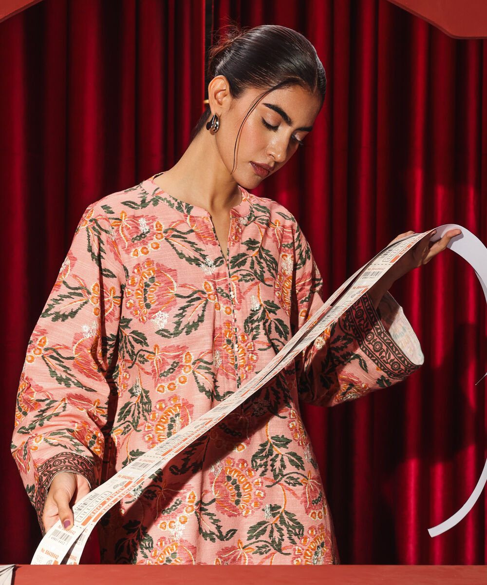 Women's RTW Light Khaddar Embroidered Straight Pink Shirt