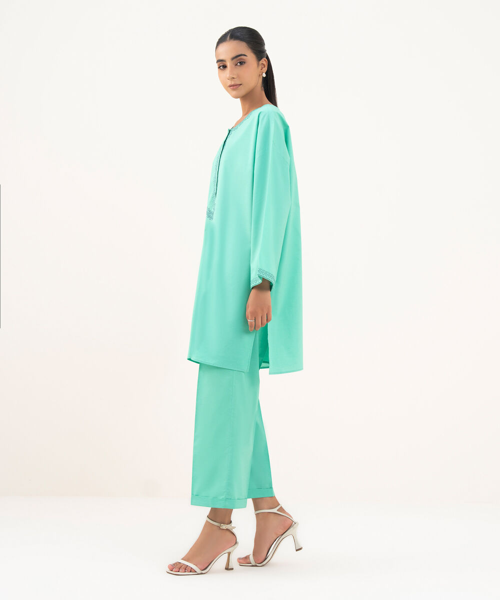 Women's RTW Textured Cotton Green Embroidered Drop Shoulder Shirt