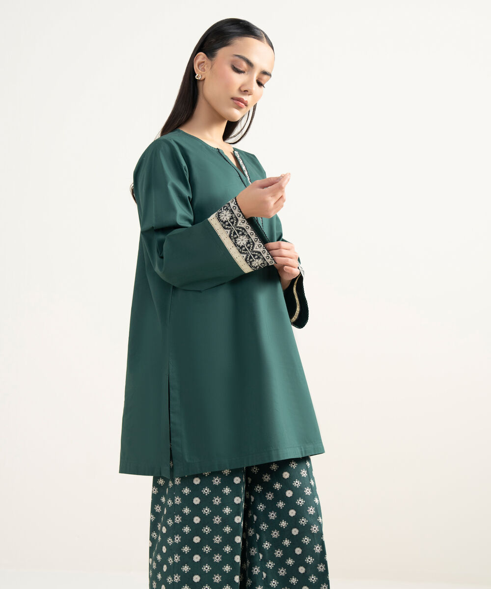 Women's RTW Cambric Solid Green Straight Shirt