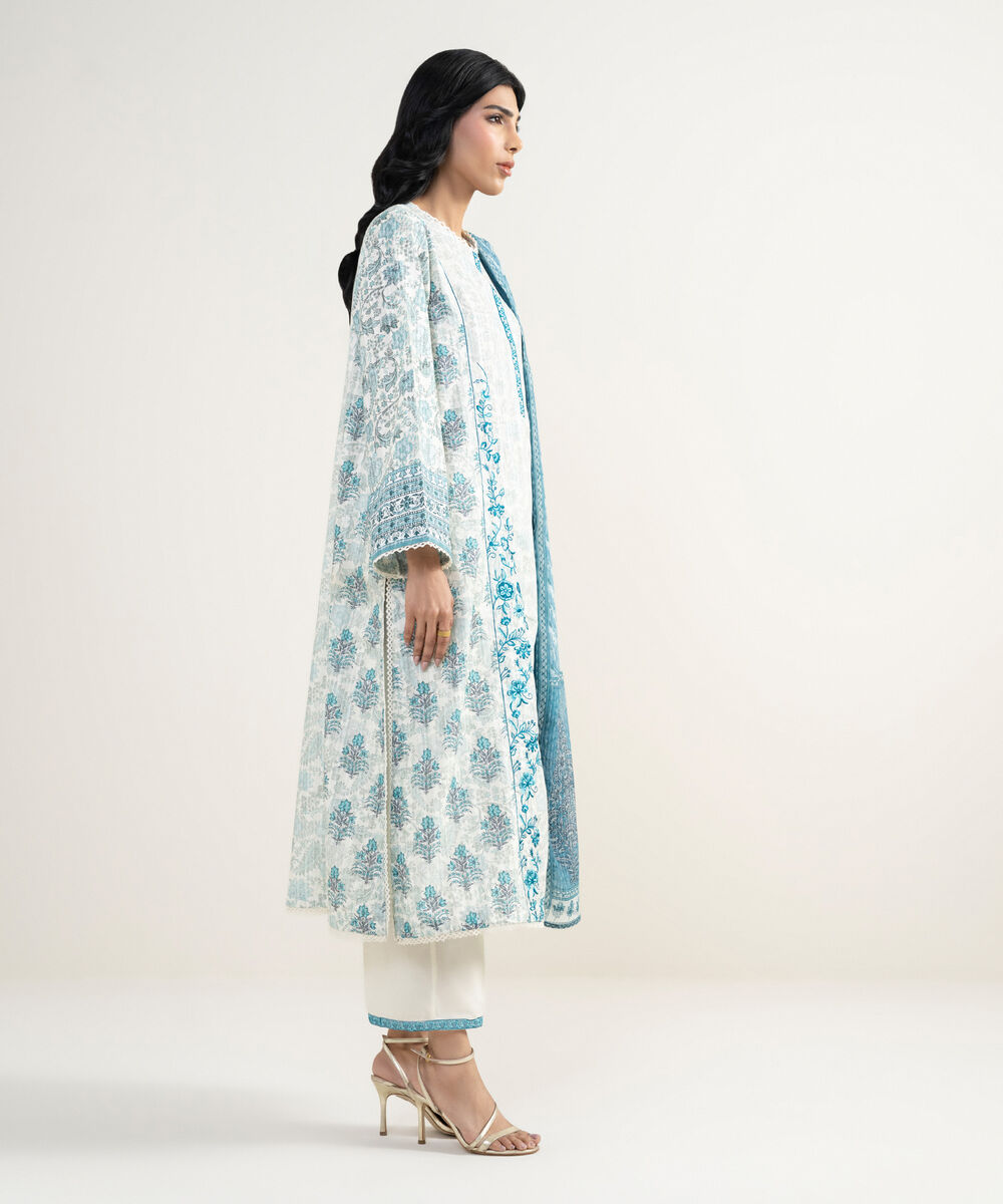 Women's RTW Cotton Embroidered Blue 3 Piece Suit