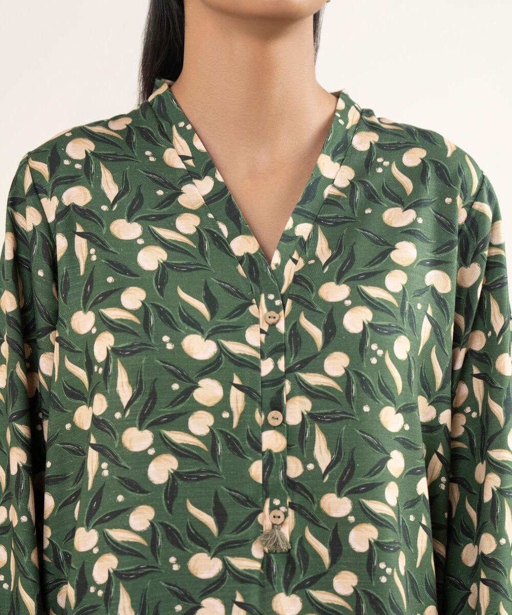 Women's RTW Herringbone Embroidered Green A-Line Shirt