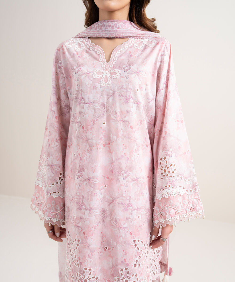 Women's Unstitched Lawn Embroidered Pink 3 Piece Suit