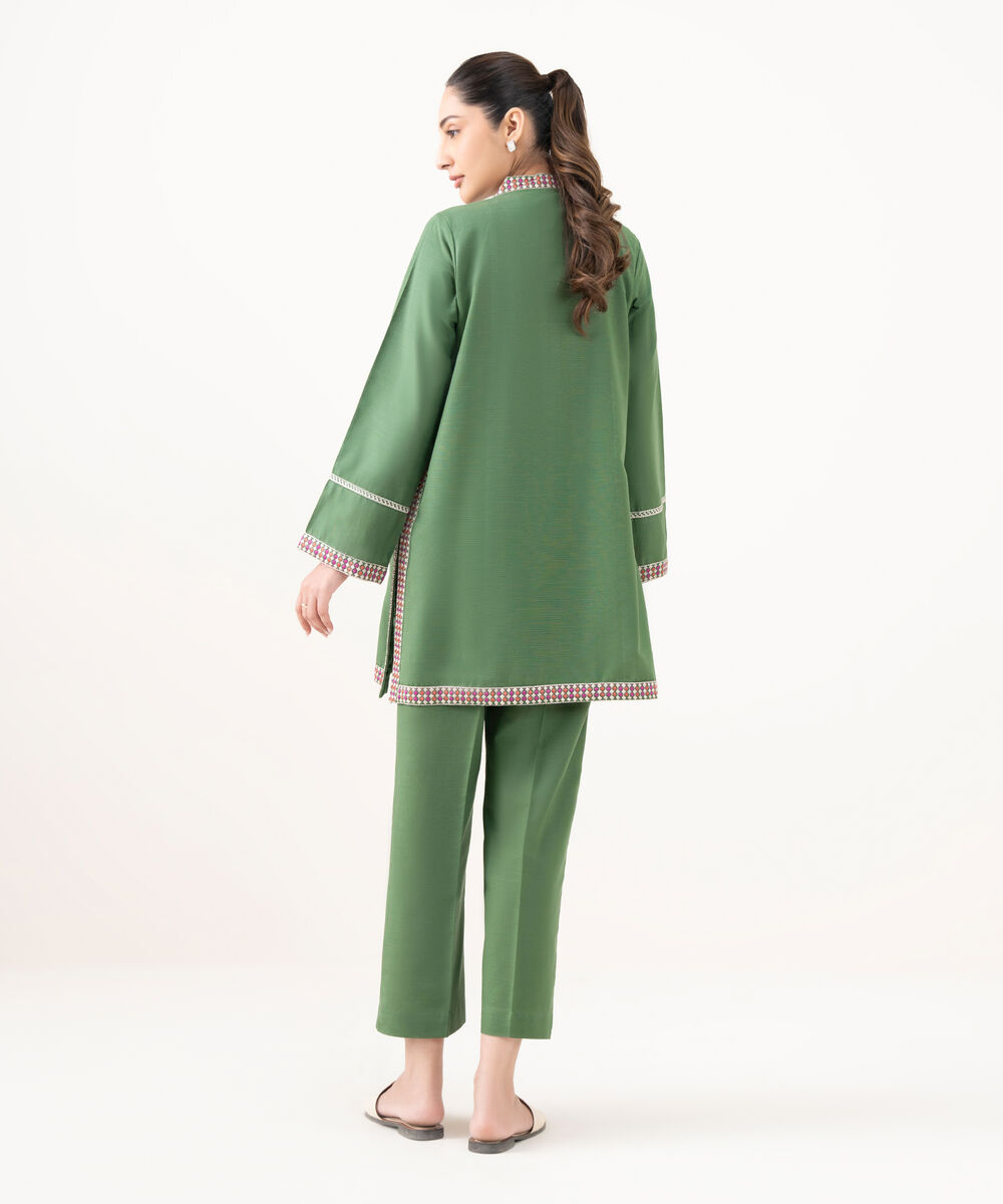 Women's RTW Cotton Embroidered Green Straight Shirt