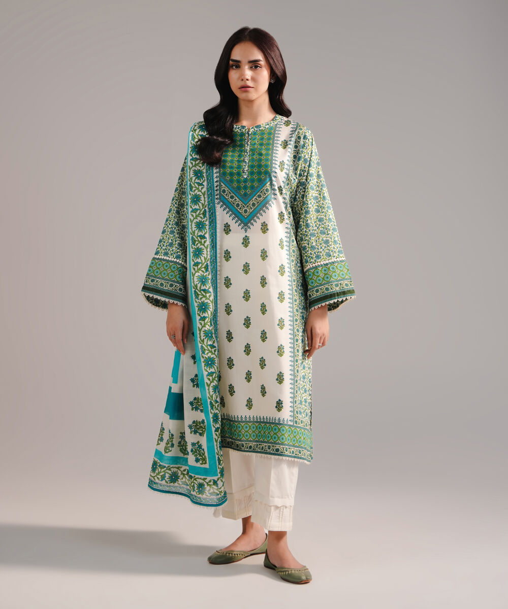 Women's RTW Lawn Printed Off White 3 Piece Suit