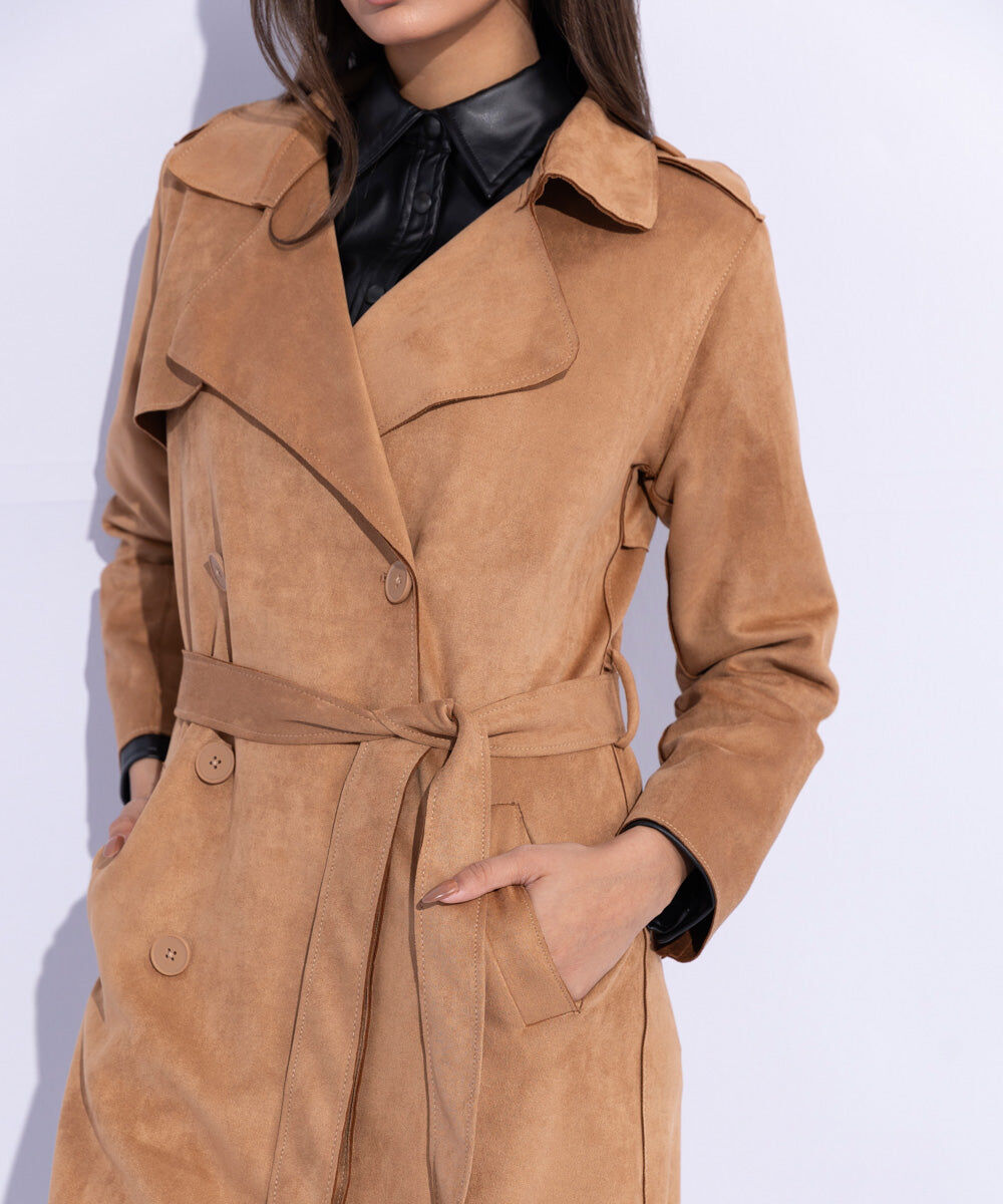 Woman - Brown Suede Trench Coat with Belt