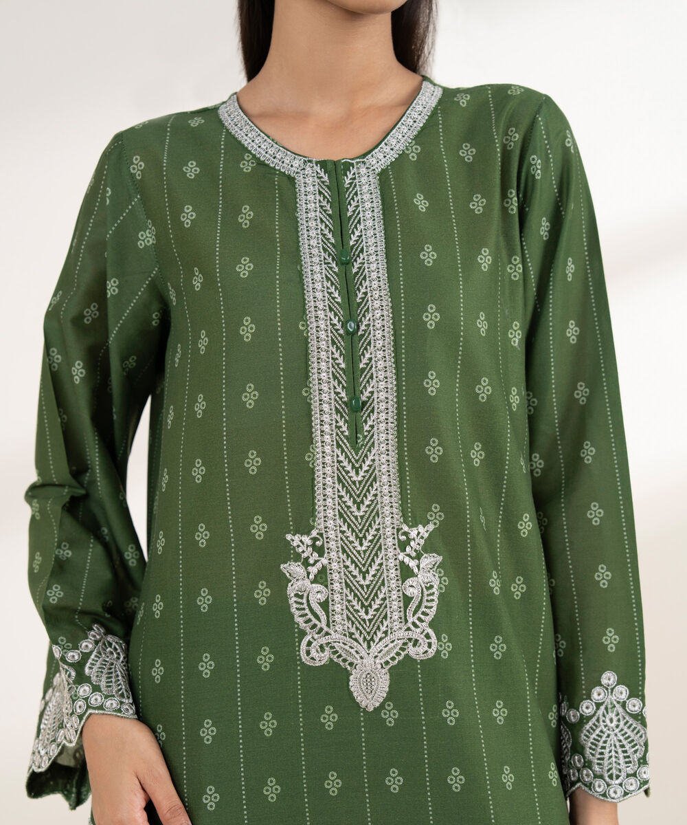 Women's RTW Lawn Green Embroidered A-Line Shirt