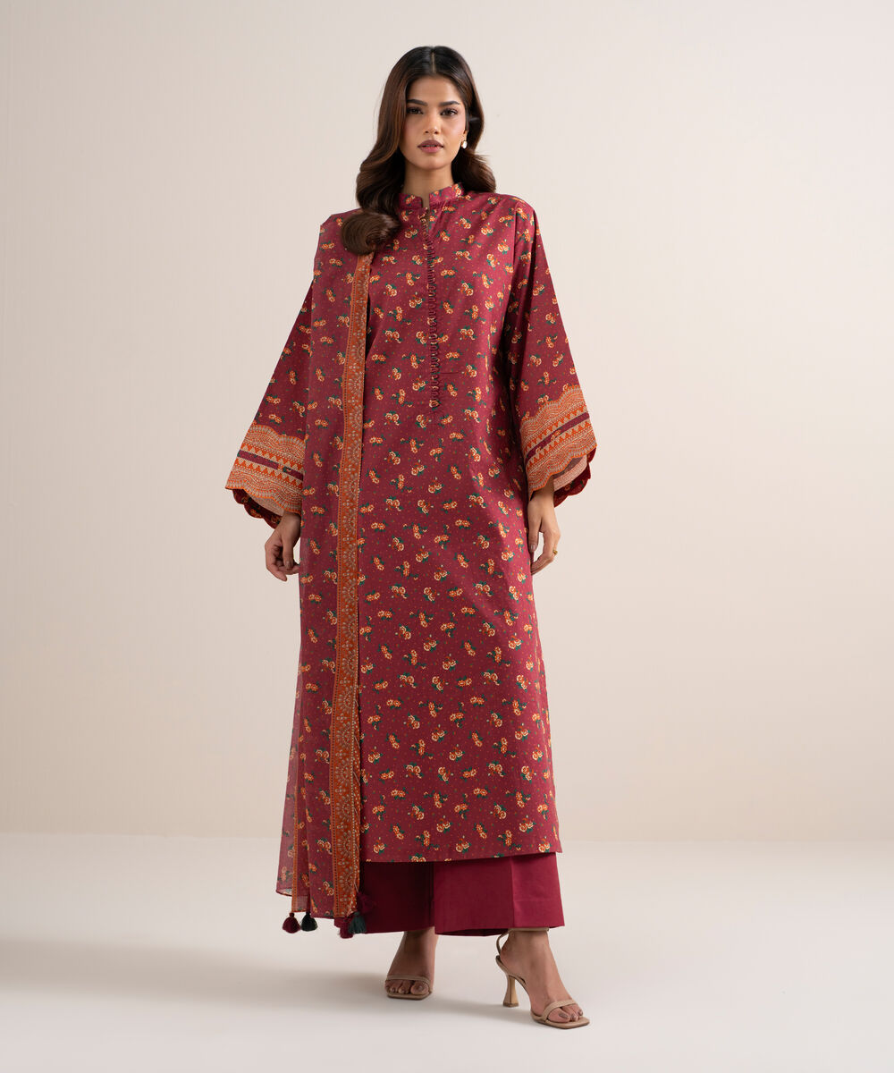Women's Unstitched Lawn Printed Red 3 Piece Suit