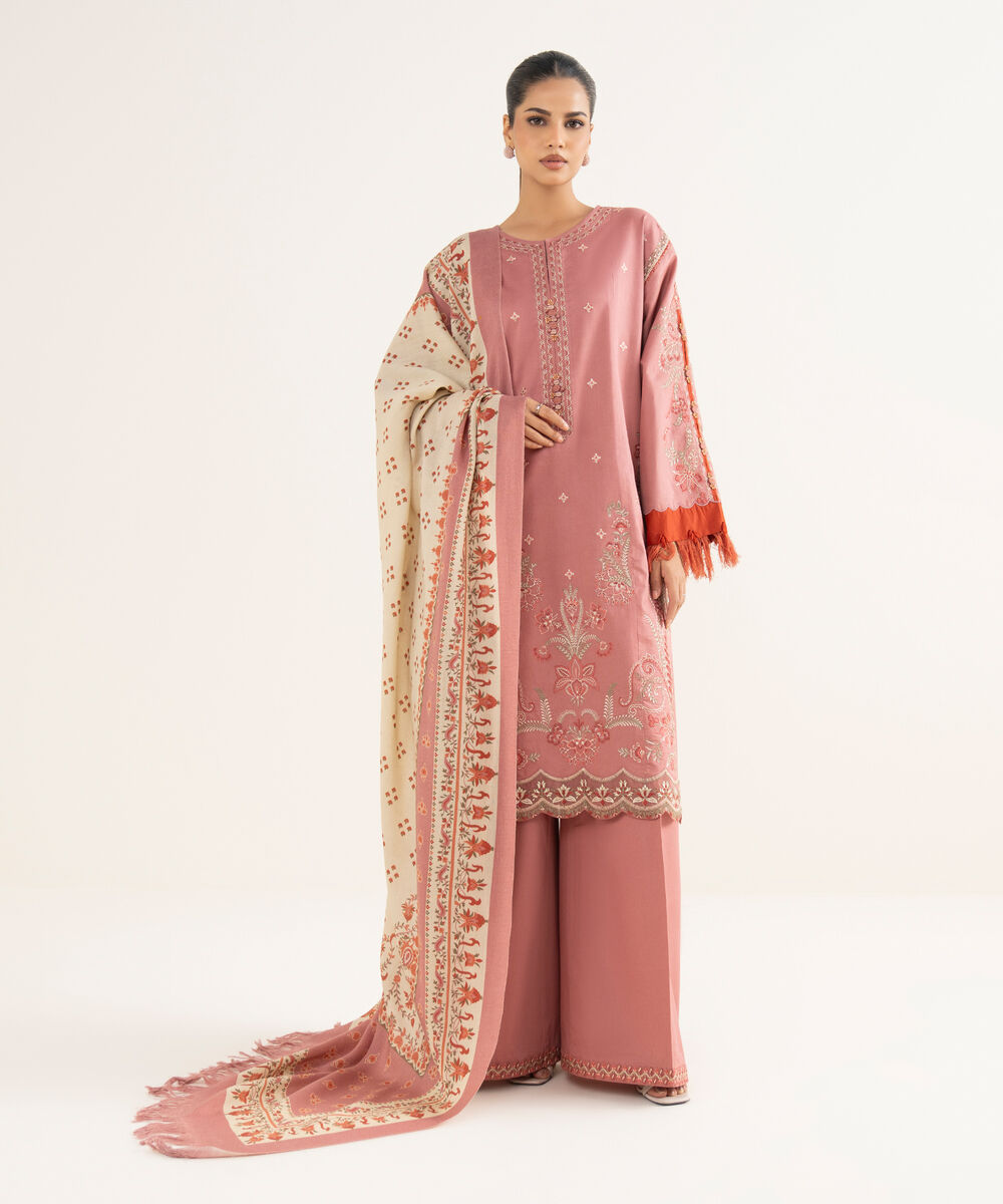 Women's Unstitched Twill Embroidered Pink 3 Piece Suit