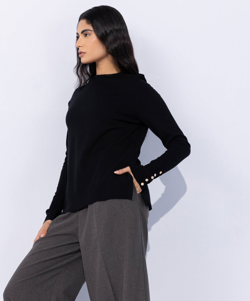 Woman - Black Lightweight Sweater with Gold Buttons