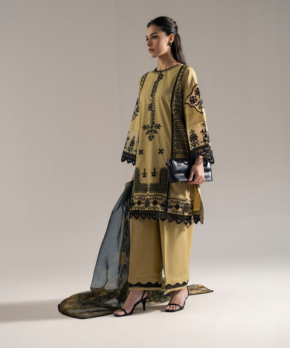 Women's RTW Fine Voil Solid Embroidered Beige 3 Piece Suit