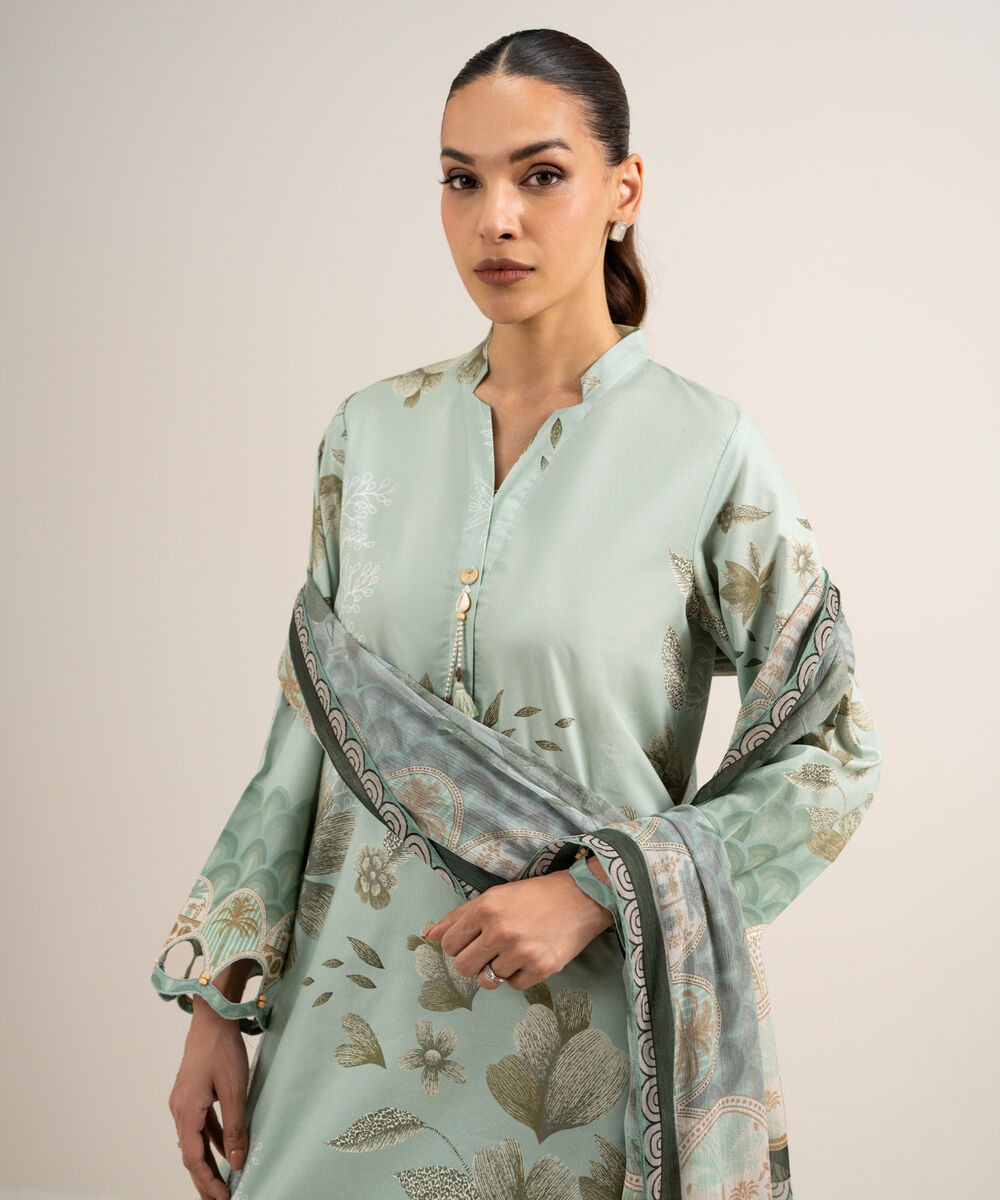 Women's Unstitched Lawn Printed Light Sage Green 3 Piece Suit