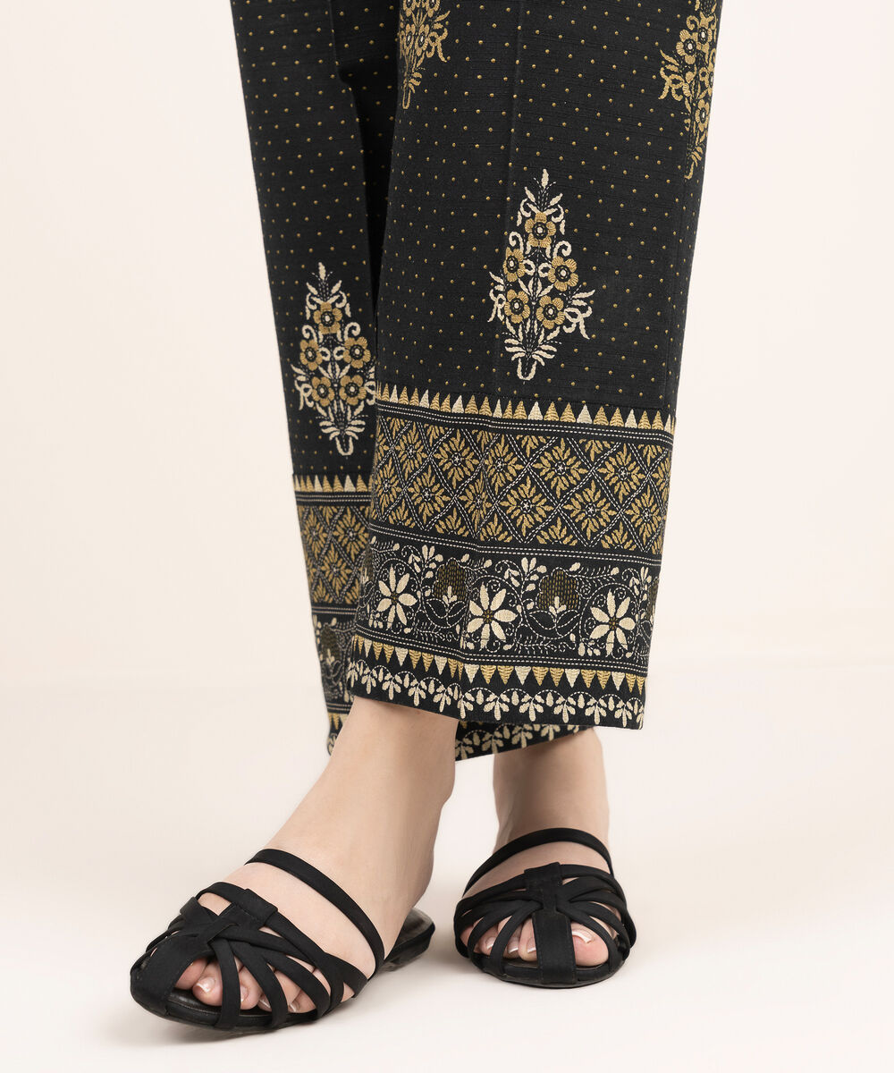 Women's RTW Khaddar Printed Black Straight Pants