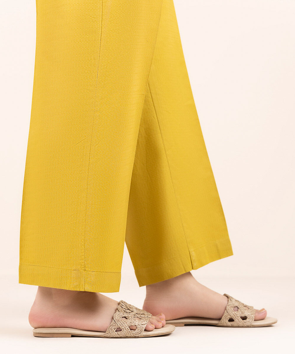 Woman - Yellow Solid Cotton Straight Pants