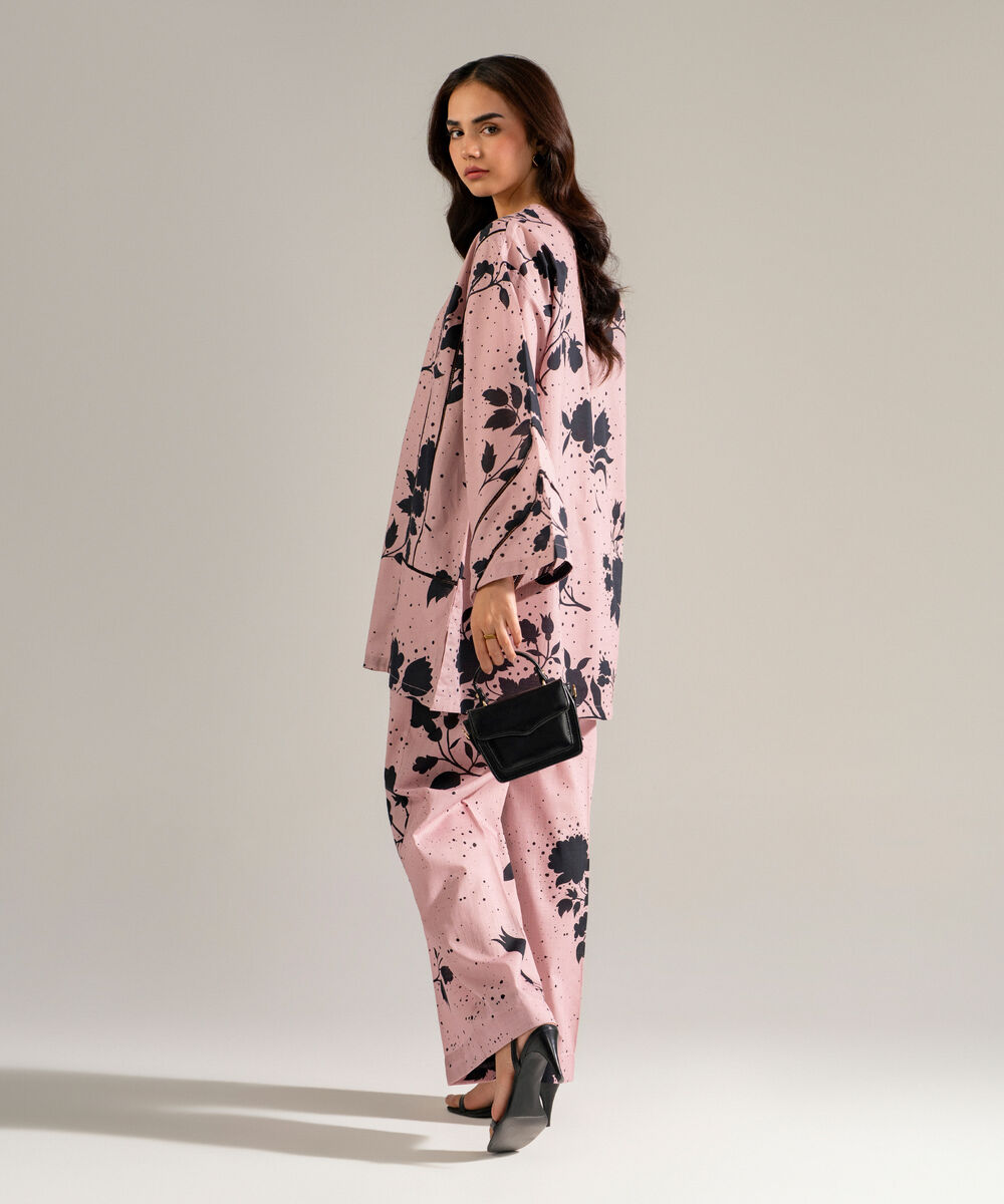 Women's RTW Slub Lawn Printed Light Mauve Drop Shoulder Shirt