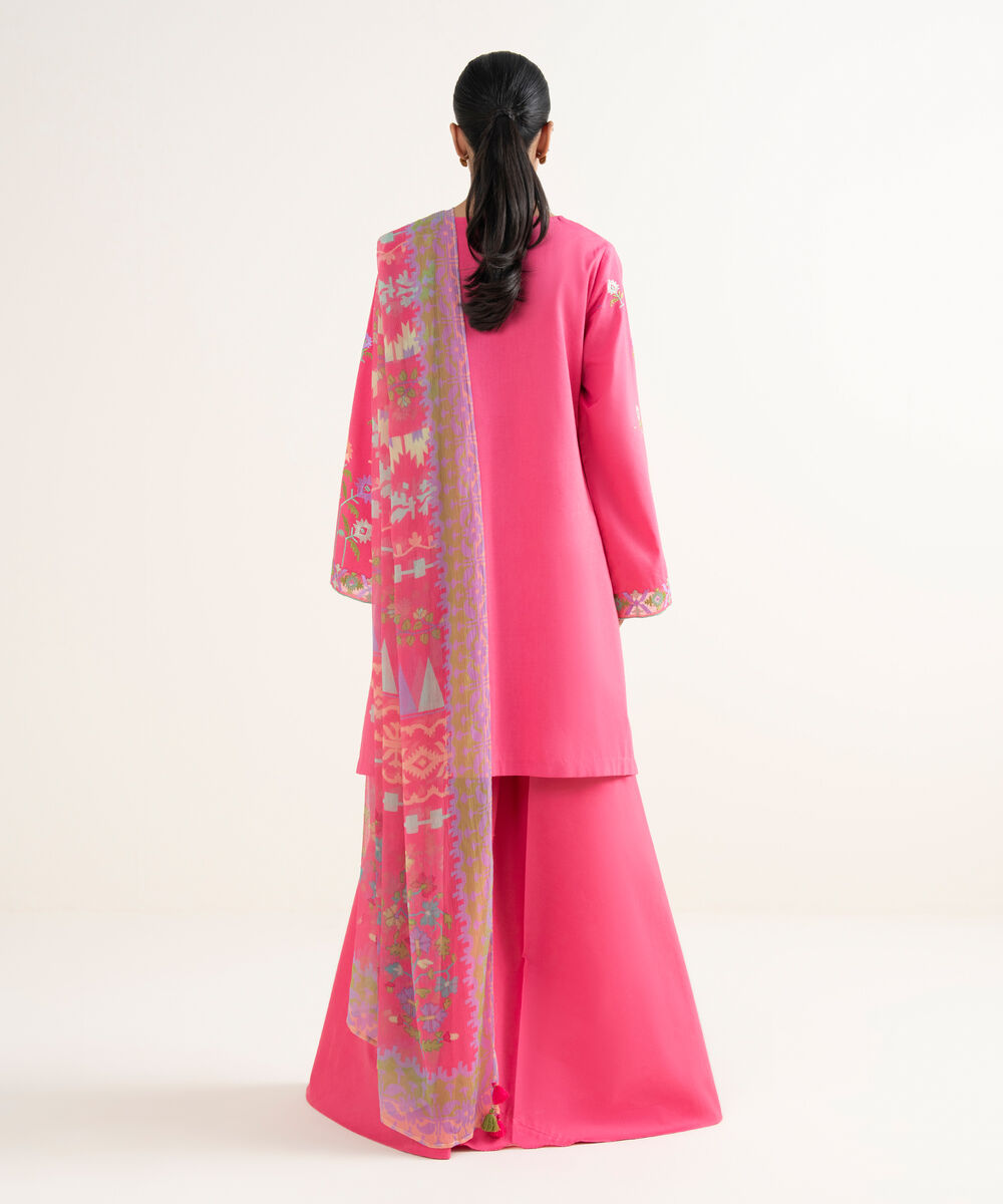 Women's Unstitched Cotton Viscose Embroidered Pink 3 Piece Suit