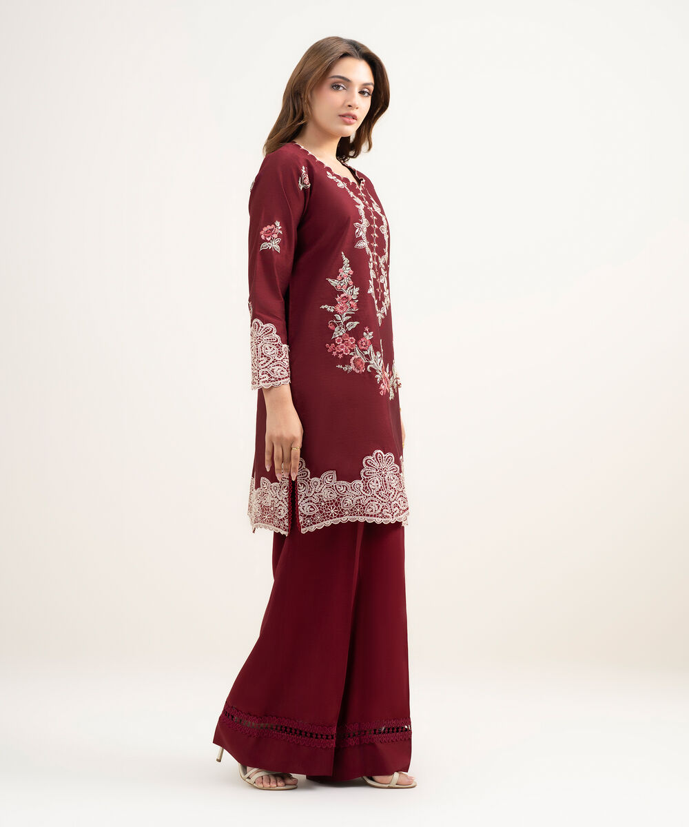 Women's RTW Silk Cotton Net Embroidered Maroon 2 Piece Suit