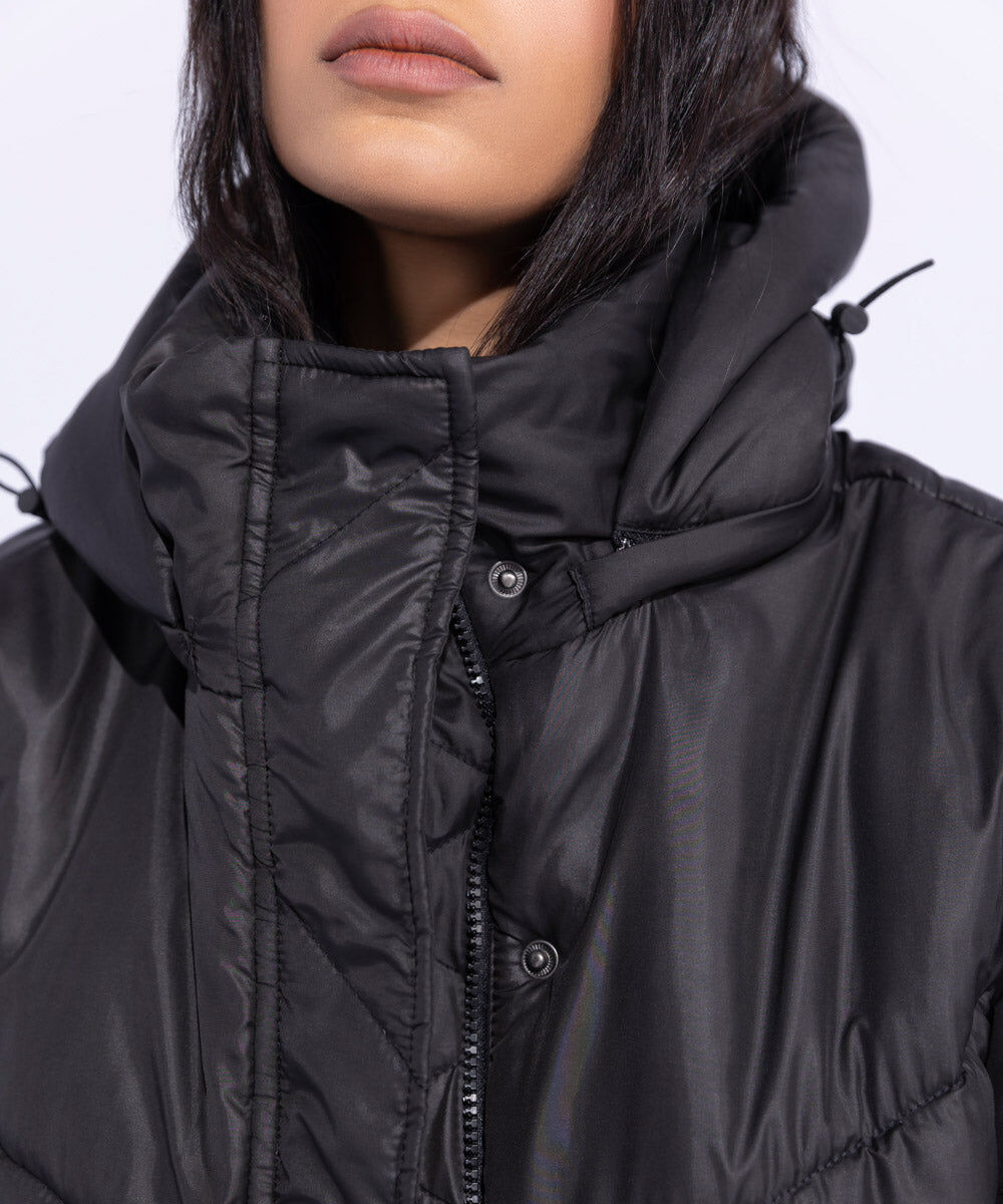 Woman - Black Quilted Jacket with Removable Hood