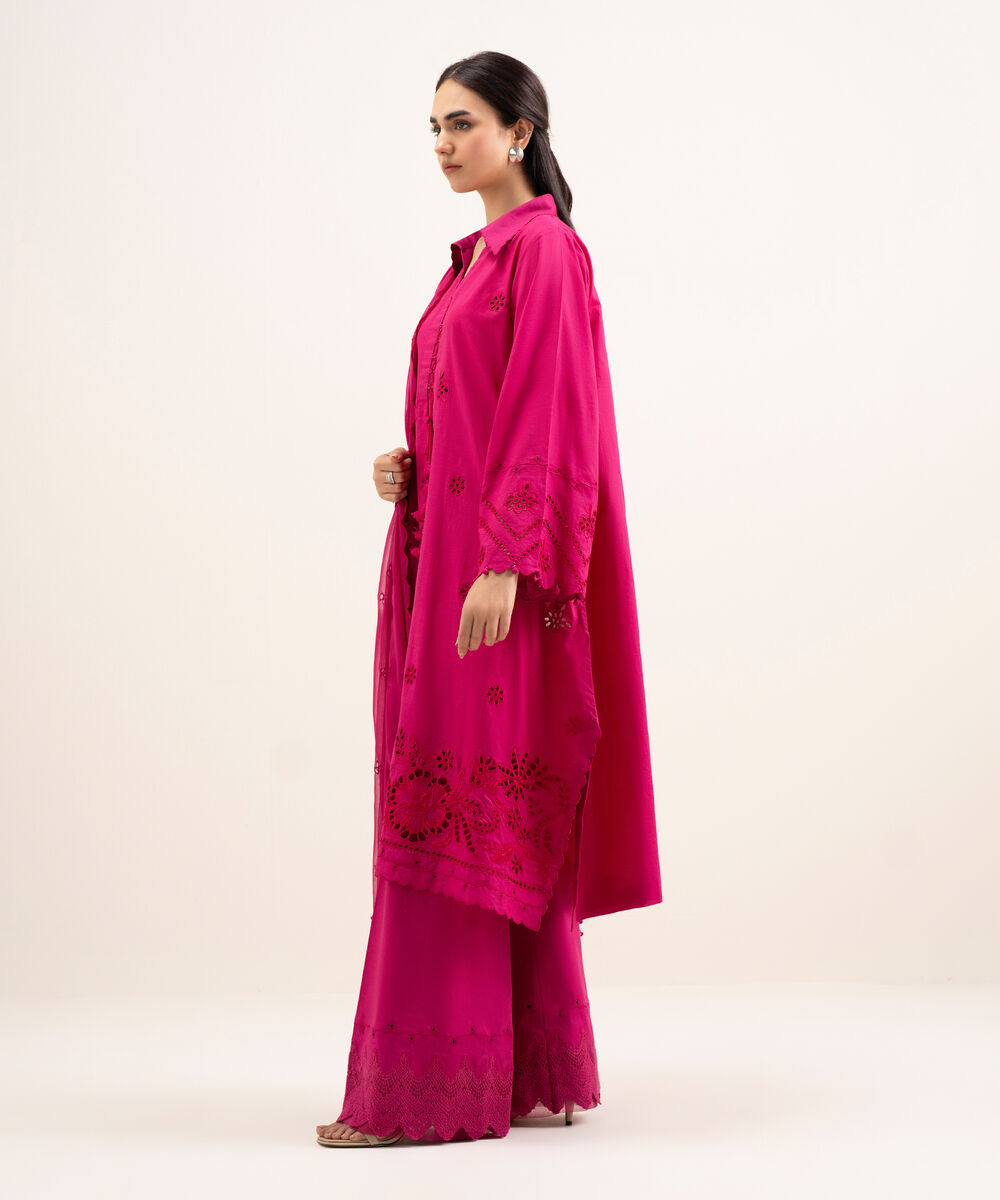 Women's Unstitched Textured Lawn Embroidered Pink 3 Piece Suit