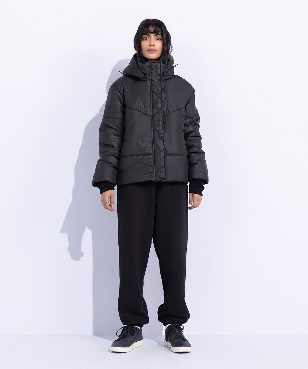 Woman - Black Quilted Jacket with Removable Hood