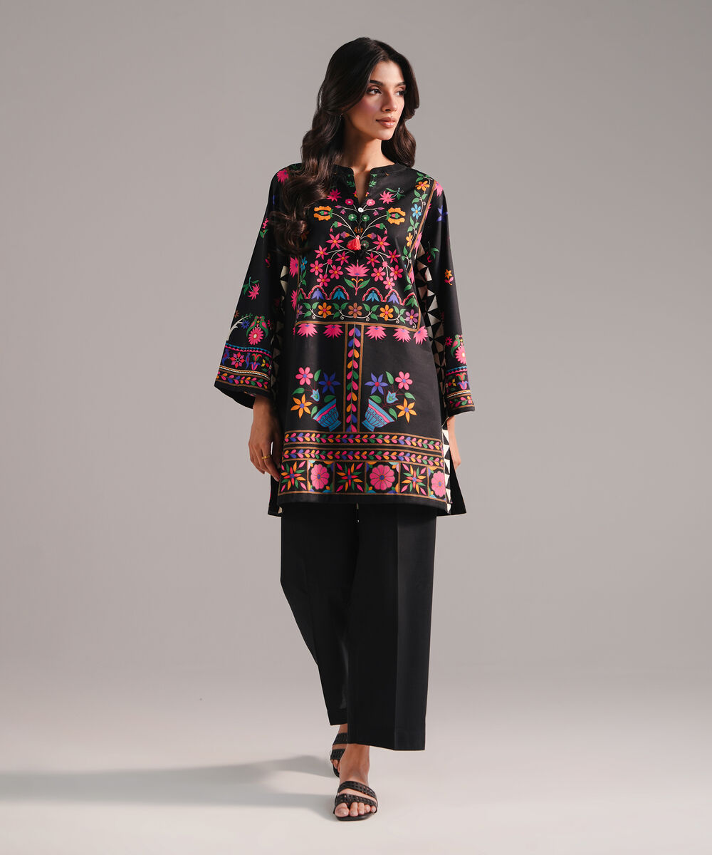 Women's RTW Cotton Viscose Printed Black Straight Shirt