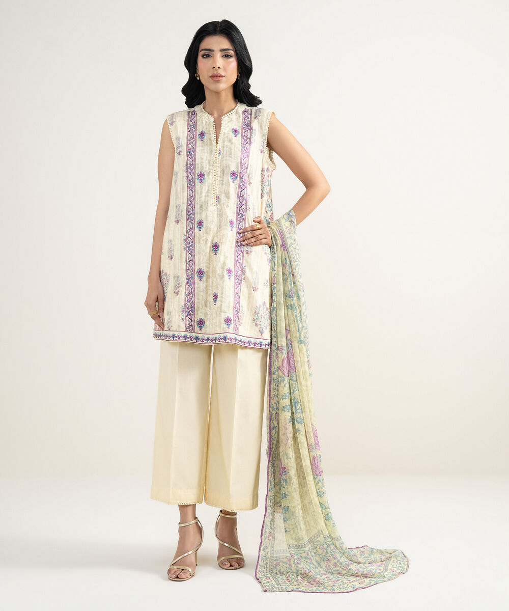 Women's RTW Cotton Embroidered Yellow 3 Piece Suit