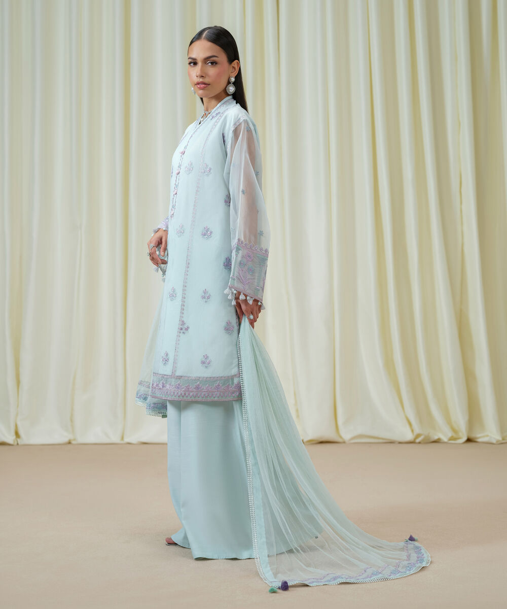 Women's Unstitched Blended Organza Embroidered Blue 3 Piece Suit