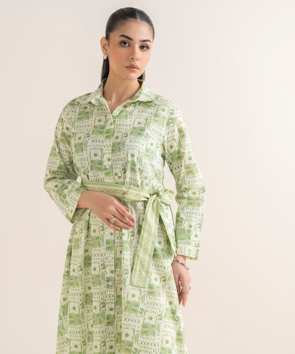 Women's RTW Cambric Printed Green Dress