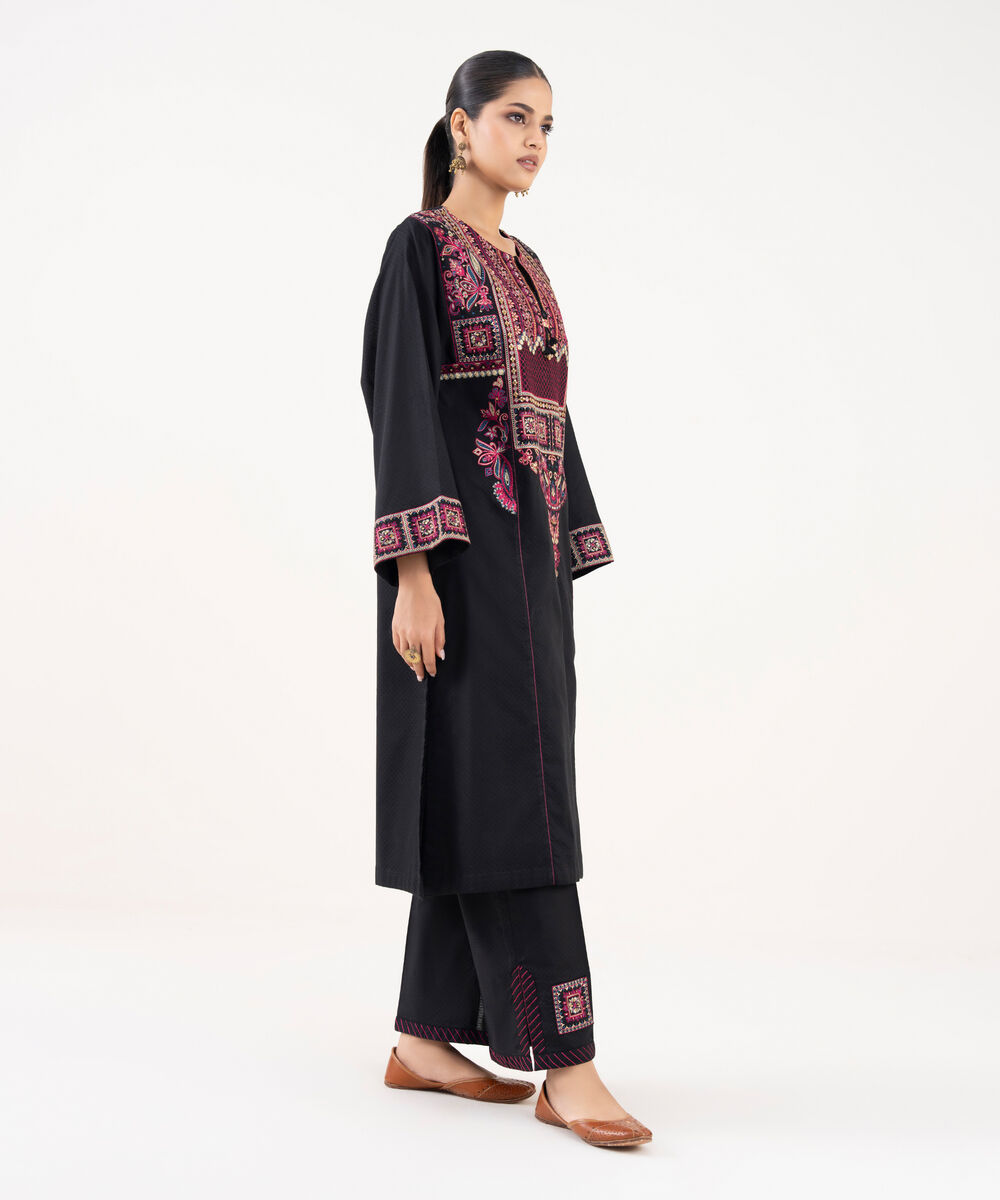 Women's RTW Textured Lawn Black Embroidered A-Line Shirt