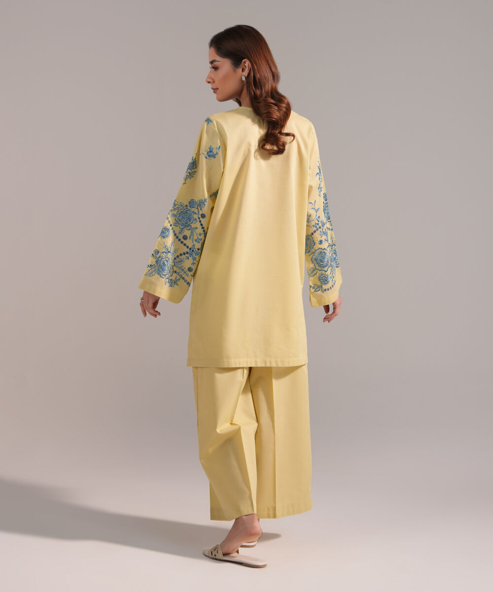 Women's RTW Crosshatch Embroidered Pale Yellow Straight Shirt