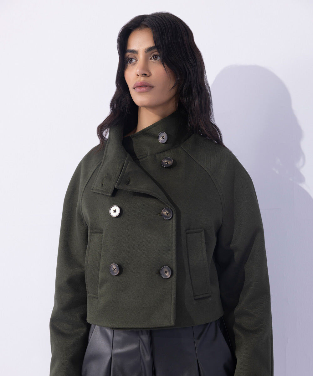 Woman - Green Cropped Double-Breasted Coat