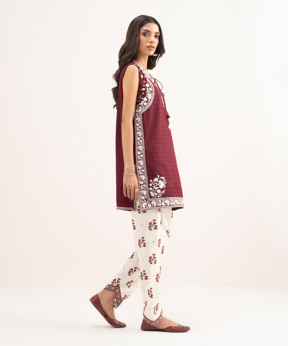 Women's RTW Cotton Embroidered Red Straight Shirt