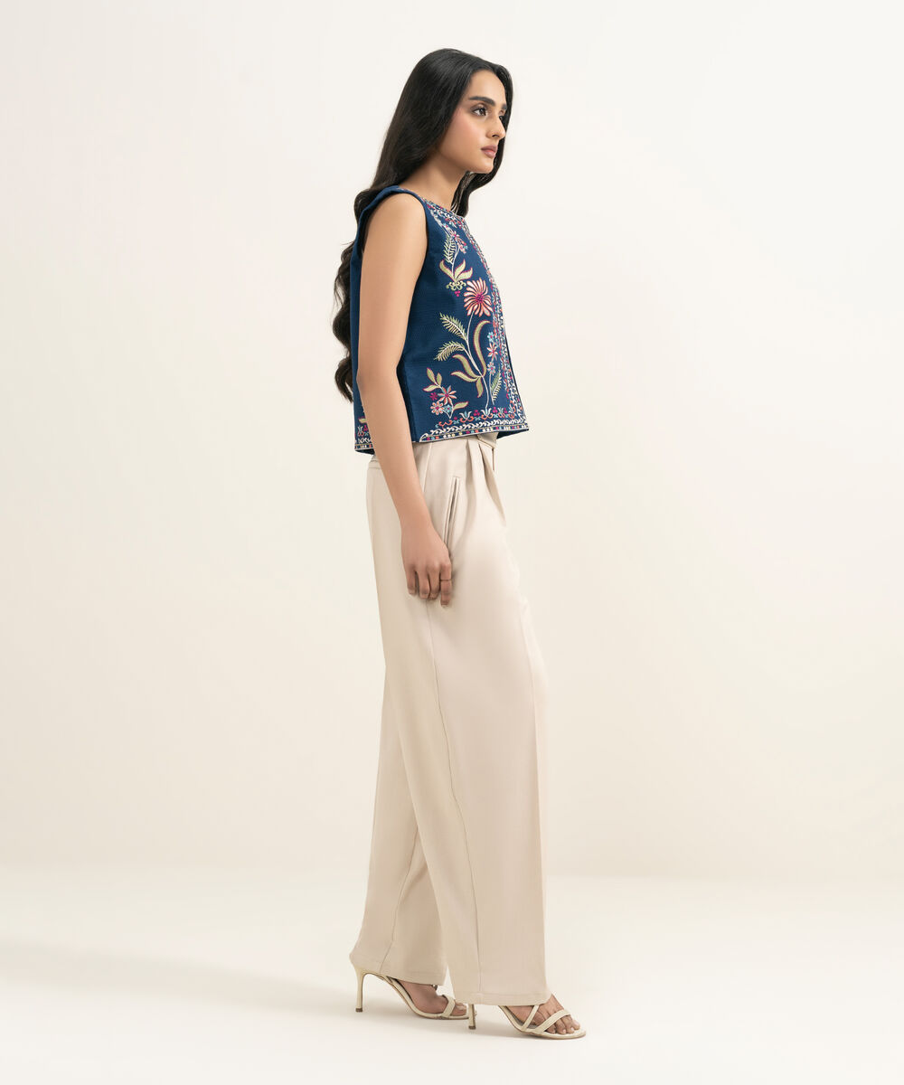 Women's RTW Dobby Embroidered Blue Waistcoat