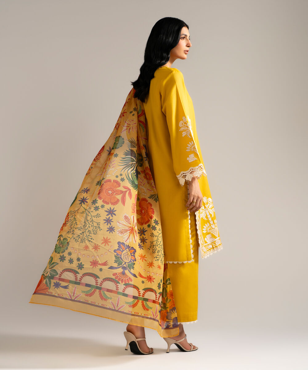 Women's RTW Dobby Crepe Embroidered Yellow 3 Piece Suit
