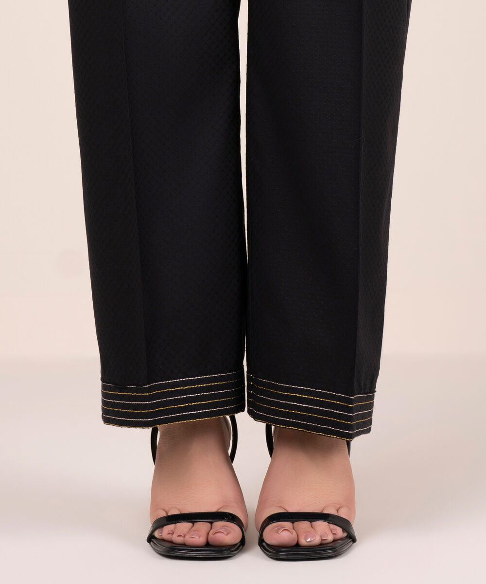 Women's RTW Dobby Embroidered Black Straight Pants