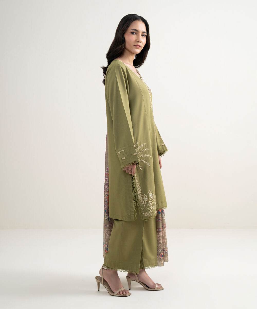 Women's RTW Raw Silk Viscose Embroidered Green 3 Piece Suit
