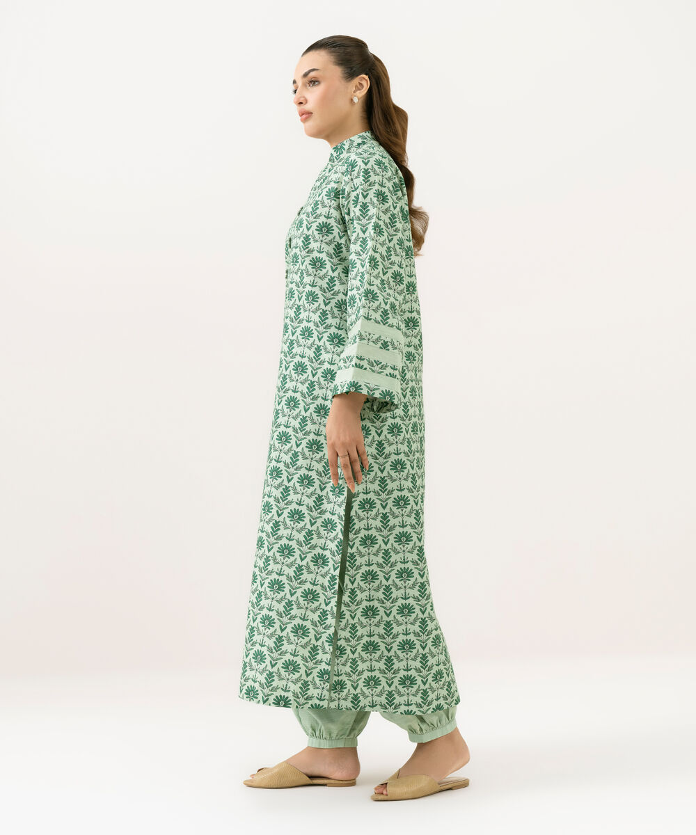 Women's Unstitched Cotton Printed Green 2 Piece Suit