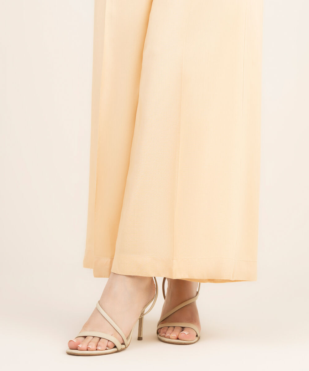 Women's RTW Viscose Linen Solid Off White Flared Pants