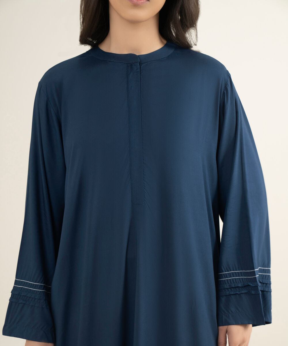 Women's RTW Arabic Lawn Solid Blue Straight Shirt
