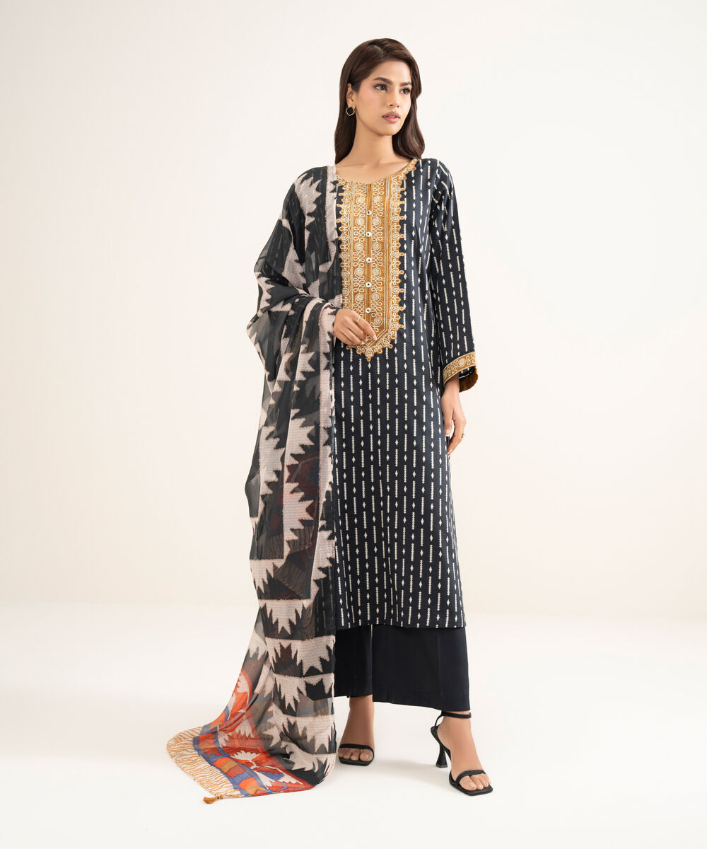 Women's RTW Lawn Embroidered Black A-Line Shirt