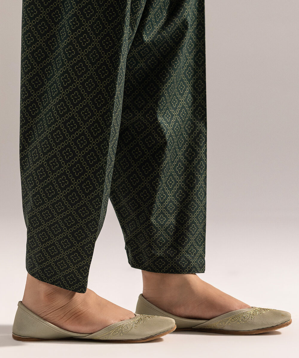 Women's RTW Cambric Printed Dark Green Skinny Shalwar