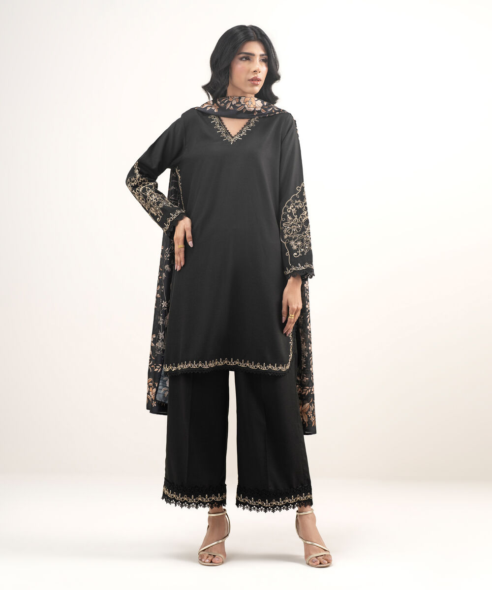 Women's RTW Raw Silk Viscose Embroidered Black 3 Piece Suit