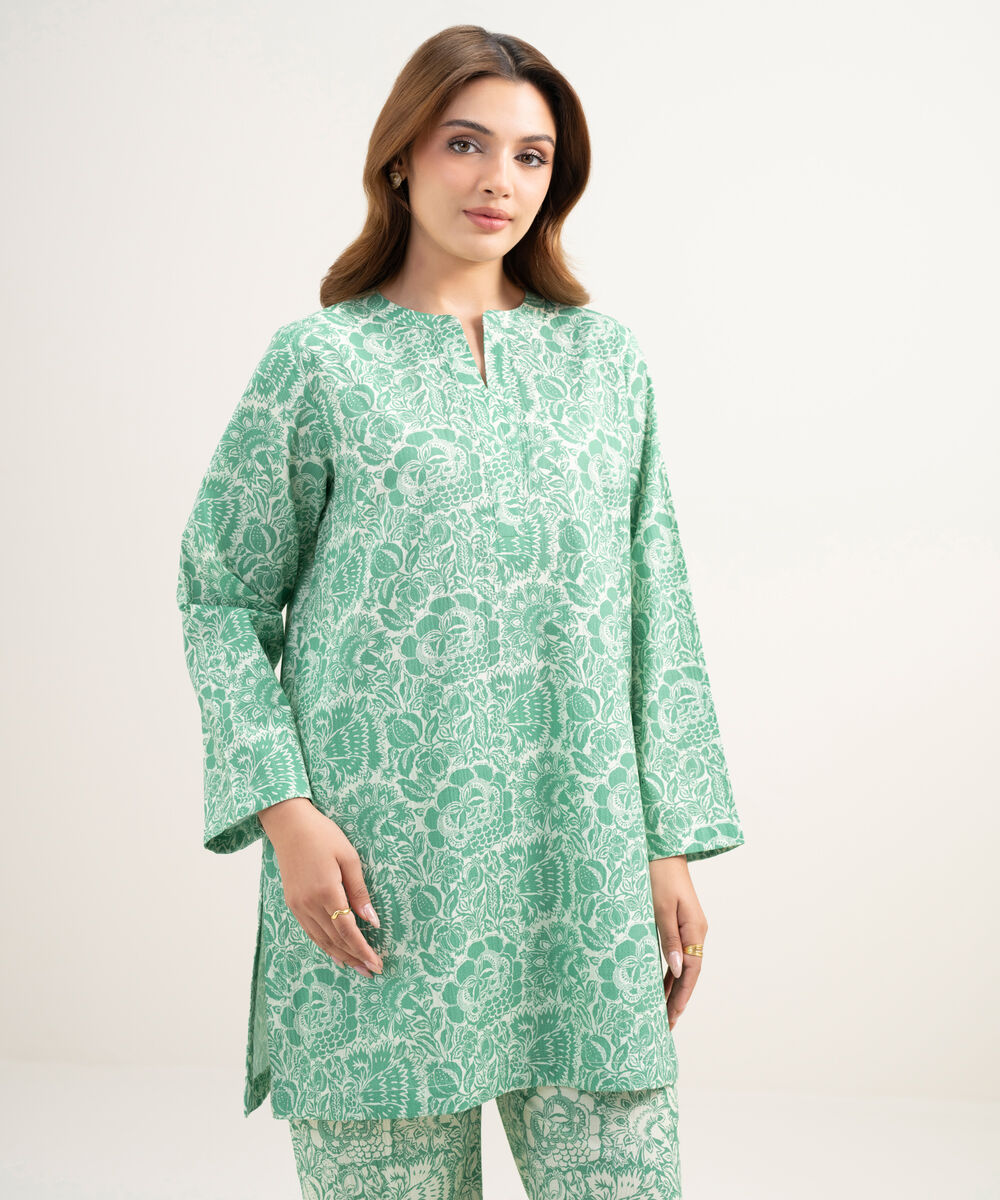 Women's RTW Seersucker Printed Green Straight Shirt