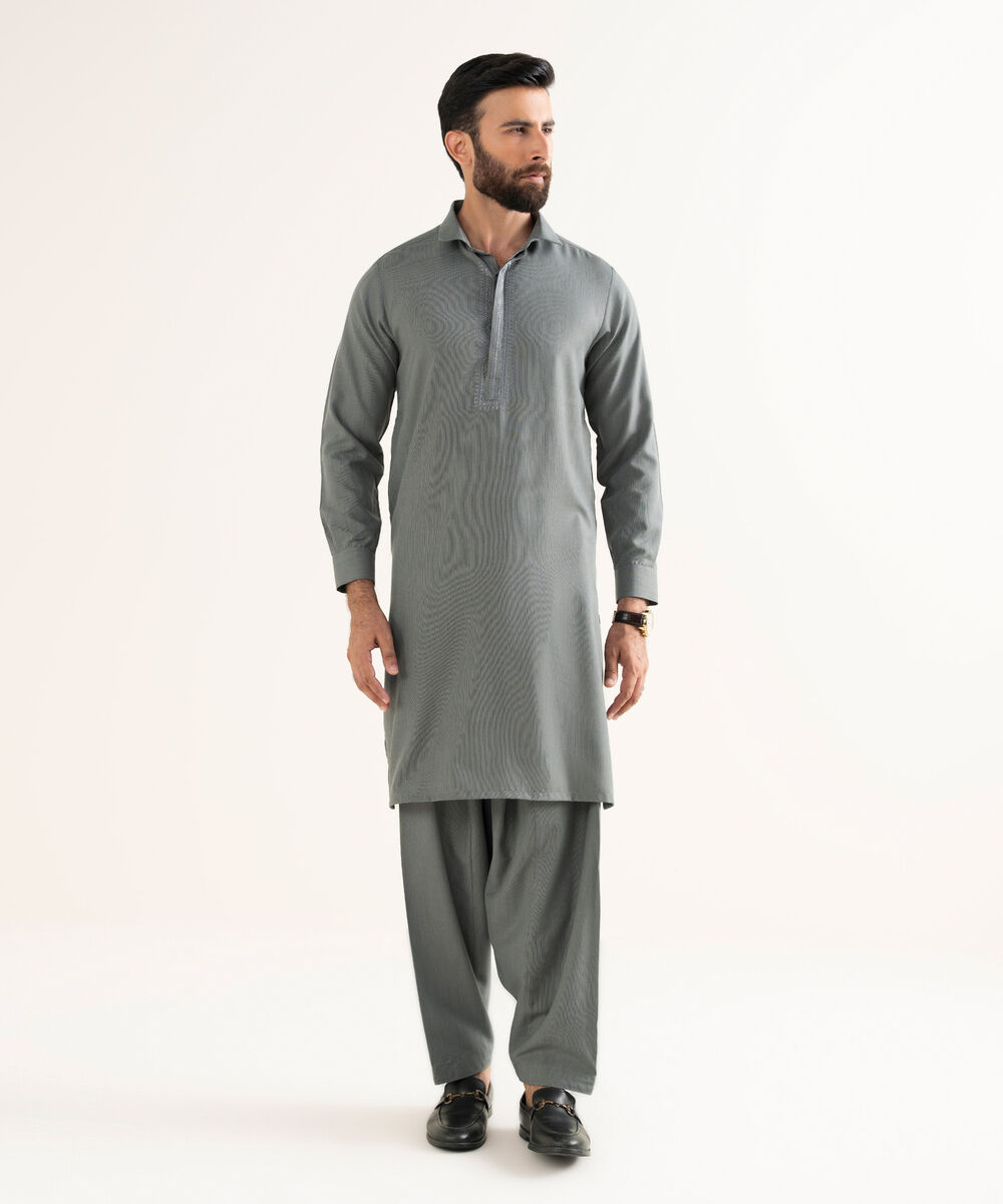 Men's Premium Wash And Wear Embroidered Grey Kameez Shalwar
