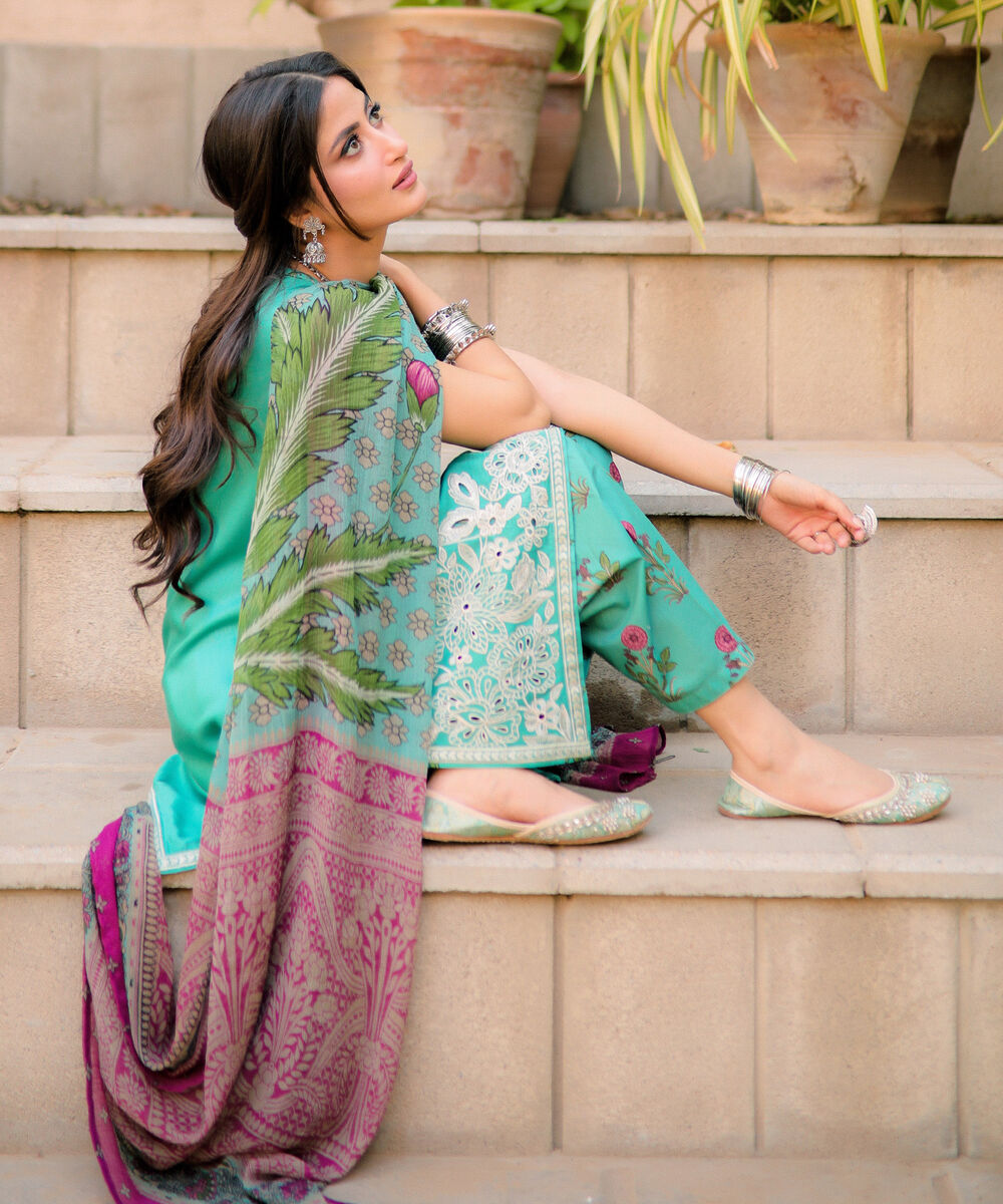 Women's RTW Dobby Embroidered Turquoise 3 Piece Suit